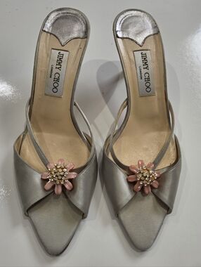 Jimmy Choo Grey Satin Crystal Charm Heels Size 40 (Runs Small Fits 7–8 Narrow)